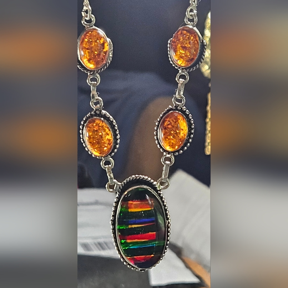 925 Silver Amber And Rainbow Calcite Necklace - Picture 4 of 7